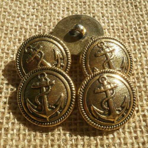 Lot de 5 boutons ronds imitation métal doré , motif  ancre de marine , diamètre 23 mm