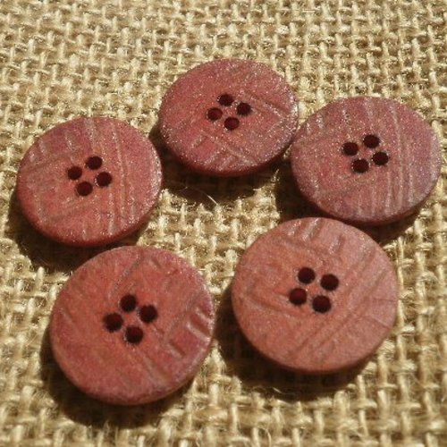 Boutons ronds x 5 en plastique , coloris  rouge brique , diamètre  18 mm