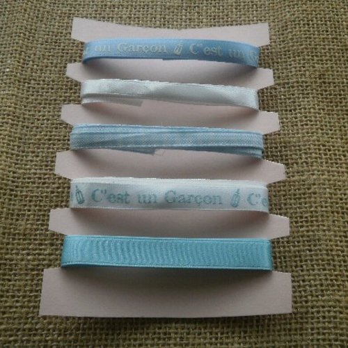 Assortiment (3) de 5 rubans thème "naissance garçon" , coloris bleu et blanc , taille 10 et 7 mm