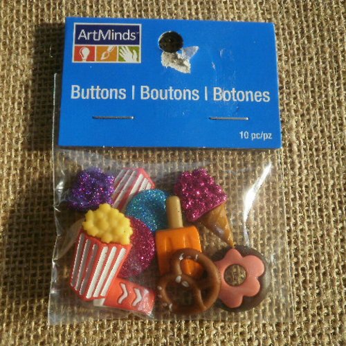 Sachet de 10 boutons à coller en plastique , thème "nourriture"  , différents modèles , coloris et tailles