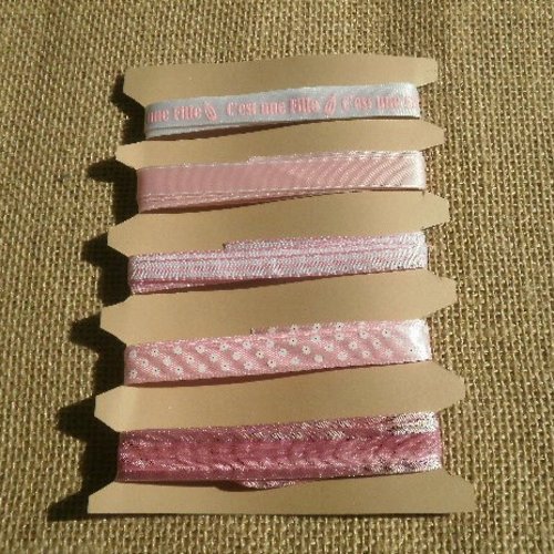 Assortiment (47) de 5 rubans thème "naissance fille" , coloris rose et blanc , taille 15 ,10 et 7 mm