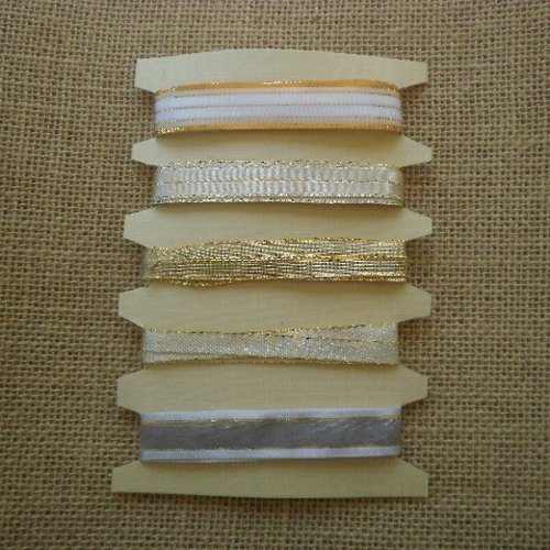 Assortiment (9) de 5 rubans , coloris doré , écru , blanc et gris , taille 15 ,10 et 6 mm
