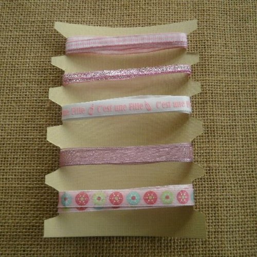 Assortiment (19) de 5 rubans thème "naissance fille" , coloris rose et blanc , taille 10 et 7 mm
