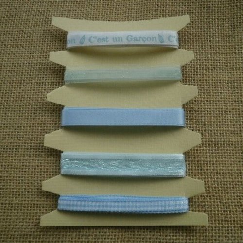 Assortiment (60) de 5 rubans thème "naissance garçon" , coloris bleu et blanc , taille 10 , 15 et 8 mm