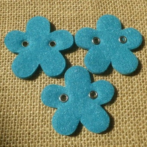 Lot de 3 fleurs "boutons" en feutrine  , coloris turquoise , taille 5,2 cm