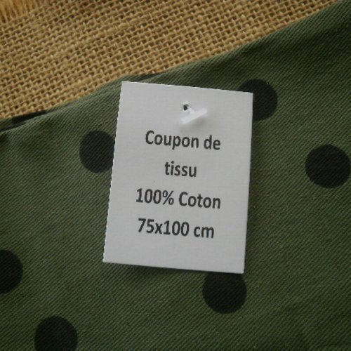 Coupon de tissu en coton , coloris kaki à pois noirs , taille 75 x 100 cm