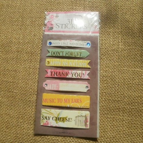 Planche de 7 stickers "messages divers" en carton  ,  coloris et tailles diverses