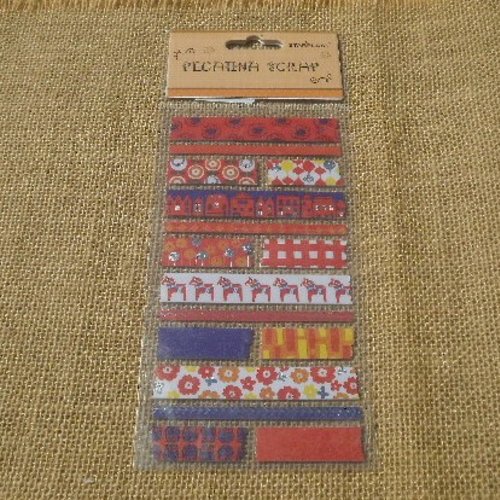 Planche de 16 stickers "bandes divers motifs" en papier ,  coloris et tailles diverses