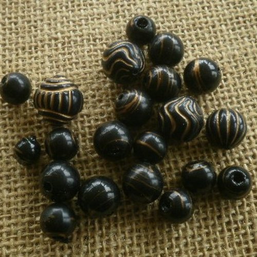 Assortiment de 20 perles rondes en plastique , coloris noir et doré , diverses