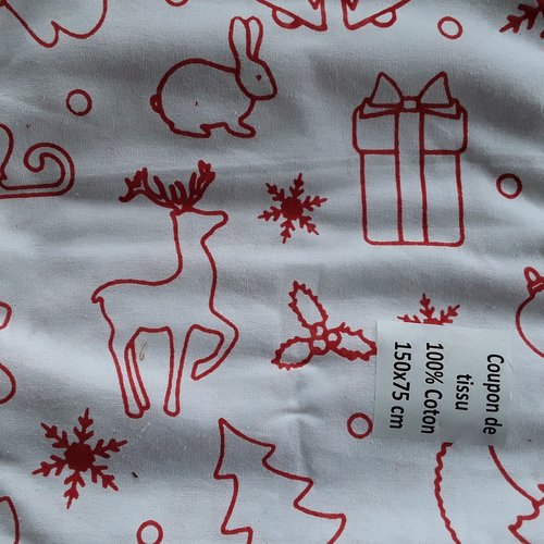 Coupon de tissu en coton , coloris blanc  motifs de noël rouges  , taille 75 x 150 cm