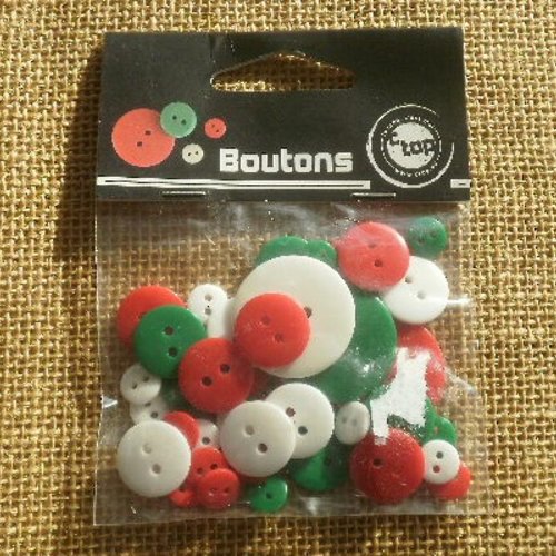 Sachet de 50 boutons ronds en plastique  ,  coloris rouge , vert et  blanc  , taille 9 , 15 et 25 mm