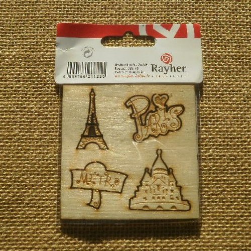 Plaque de 4 embellissements en bois brut  , thème "paris" , taille 2 -3,5 cm