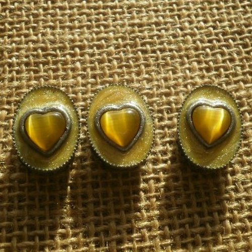 Lot de 3 perles ovales en métal argenté vieilli , strass coeur jaune , taille 18 x 14 mm