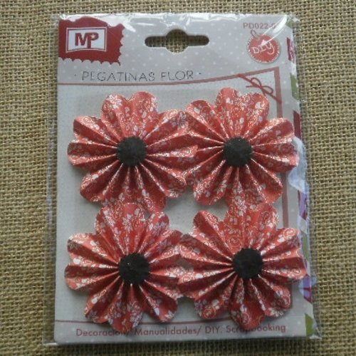 Lot de 4 stickers fleurs en carton ,  motif fleuri rouge et blanc , taille 6,5 cm
