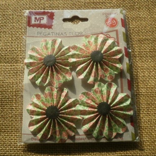 Lot de 4 stickers fleurs en carton ,  motif fleuri paille , rose et vert , taille 6,5 cm