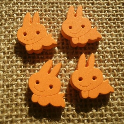 Lot de 4 boutons lapins en bois , coloris orange , taille 1,8 x 2 cm