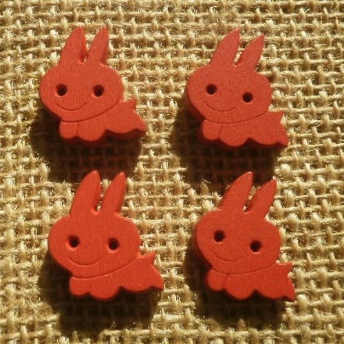 Lot de 4 boutons lapins en bois , coloris rouge , taille 1,8 x 2 cm