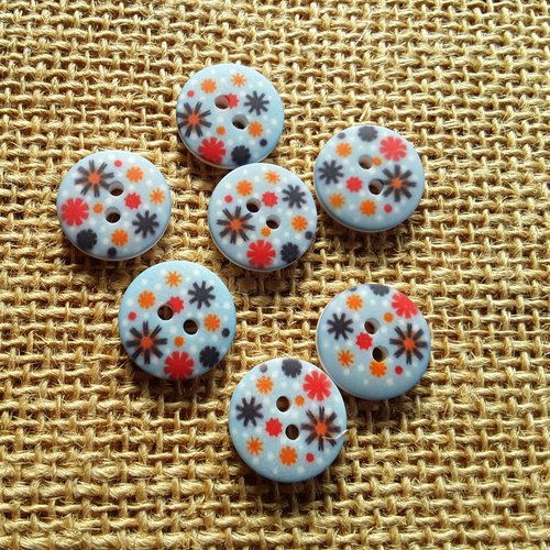 Lot de 7 boutons ronds en plastique , coloris bleu à motifs fleurs  , diamètre 16 mm