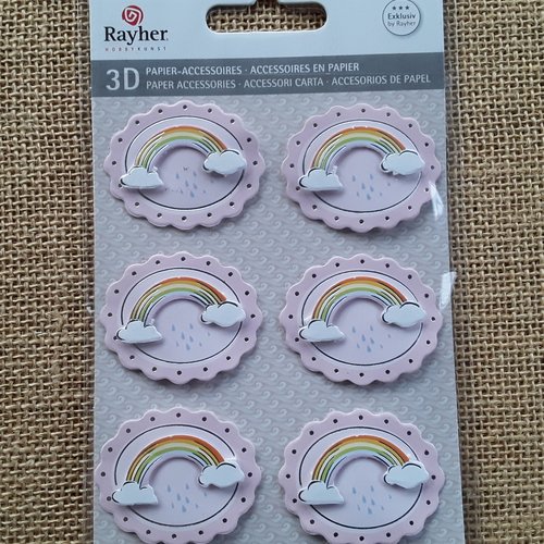 Stickers ovales x 6 en carton ,  motif arc en ciel et nuages , coloris rose et multicolore , taille 3,5 x 4,5 cm