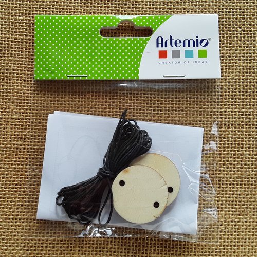 Kit médaillons connecteurs en bois brut à décorer ,+ coton ciré noir  , diamètre 3 cm