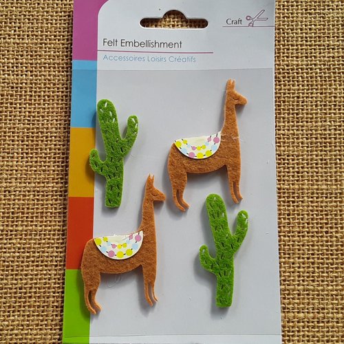 Planche de stickers "lamas et cactus" en feutrine  , coloris marron et vert