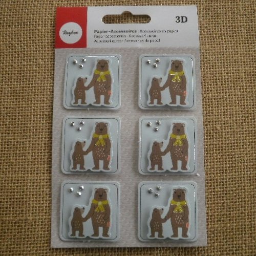 Stickers carrés x 6 en carton ,  motif ours , coloris eau et multicolore , taille 4 cm
