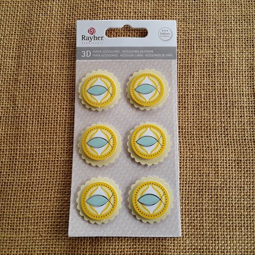 Stickers ronds x 6 en carton , coloris eau , jaune et argent diamètre 3,5 cm