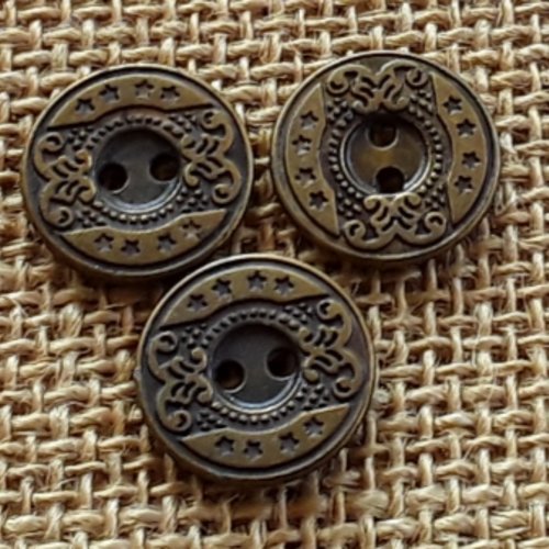 Lot de 3 boutons ronds en métal , coloris laiton vieilli , motifs style ancien , diamètre 18 mm