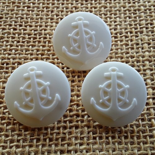 Lot de 3 boutons ronds en plastique blanc , motif  ancre de marine , diamètre 23 mm