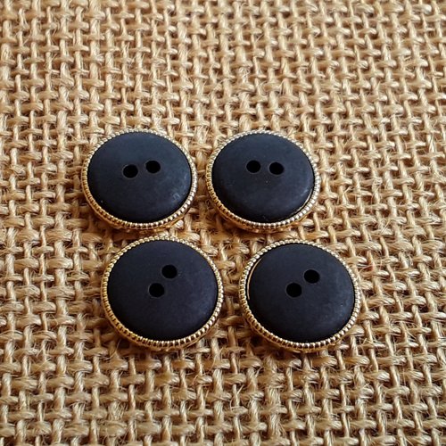 Boutons ronds x 4 en plastique imitation métal doré , centre noir , diamètre 16 mm