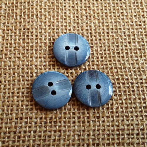 Boutons ronds x 3 à deux trous , coloris bleu changeant , diamètre 19 mm