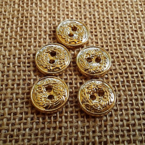 Lot de 5 boutons ronds en imitation métal doré , diamètre 16 mm