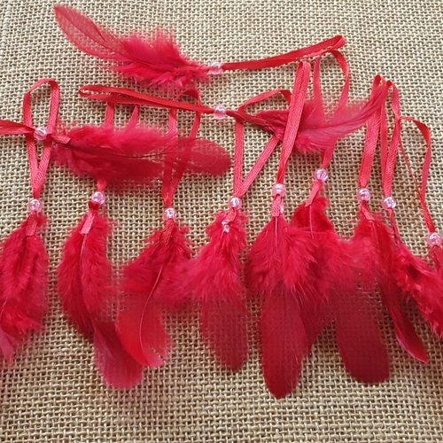 Lot de 12 plumes avec ruban et perle , coloris rouge , taille environ 16 cm