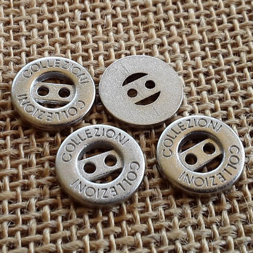 Lot de 4 boutons ronds en métal  argenté ,  inscription "collezioni"  ,  diamètre 15 mm