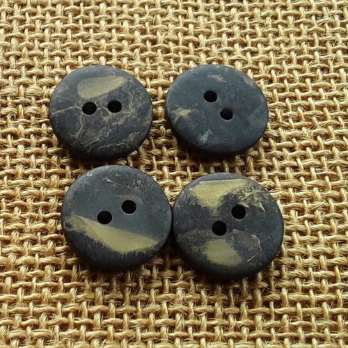 Lot de 4 boutons ronds à deux trous en plastique , coloris noir marbré beige foncé  , diamètre 18 mm