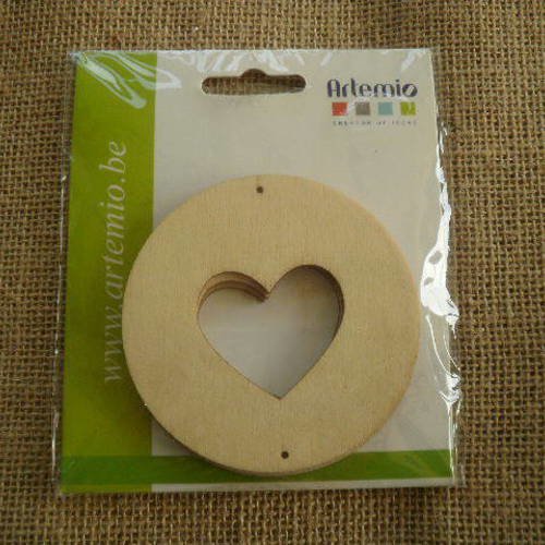 Lot de trois ronds percés d'un coeur en bois  brut à décorer , taille 8 cm