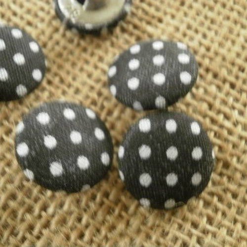 Boutons ronds  en  métal  argenté recouvert de tissu noir à pois blancs ,  diamètre 18 mm 