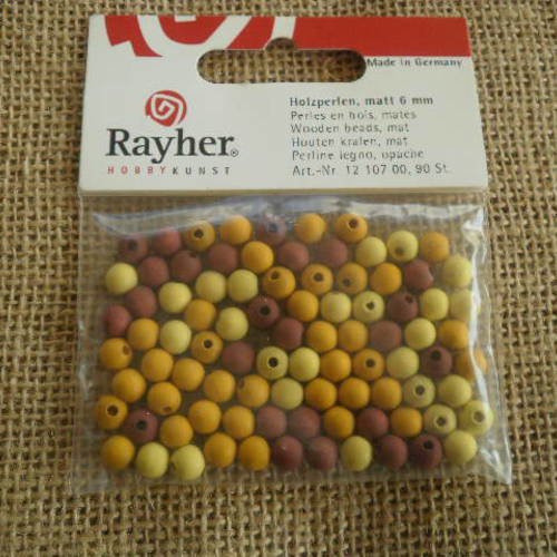 Lot de 90 perles rondes  en  bois , coloris  jaune vif , jaune pale et brique  , diamètre  6 mm 