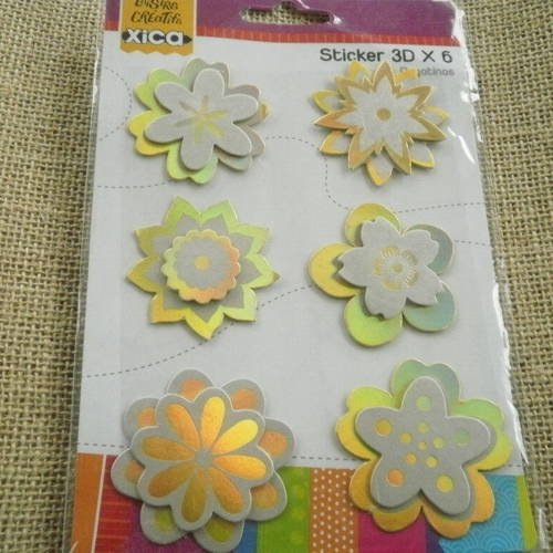 Planche de 6 stickers en carton  , thème "fleurs or et argent" 