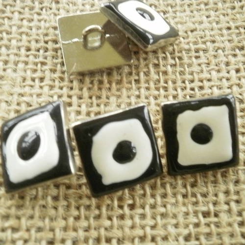 Boutons bijoux carrés en métal , noirs et blancs , taille 15 mm