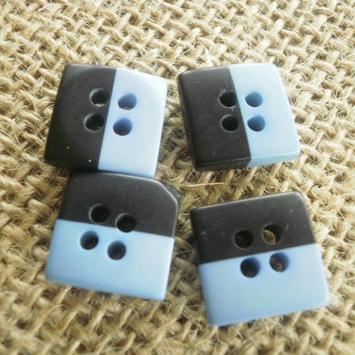 Boutons  carrés x 2 à quatres trous   , coloris bleu et noir , taille 13 mm
