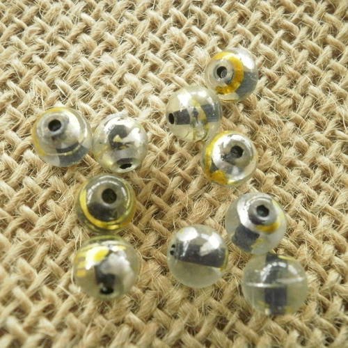 Lot de  10  perles rondes  en verre , coloris transparent  à reflet jaune  et gris , taille 0,7 cm