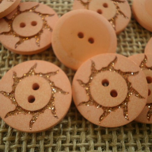 Boutons ronds à deux trous en plastique , coloris orange , motifs paillettés  , diamètre 18 mm