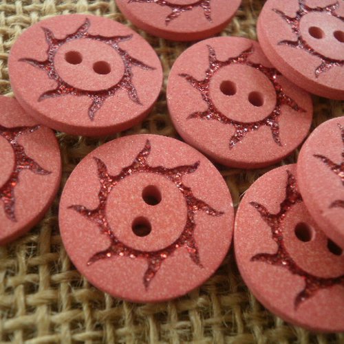 Boutons ronds x 3 en plastique , coloris rouge , motifs paillettés , diamètre 20 mm
