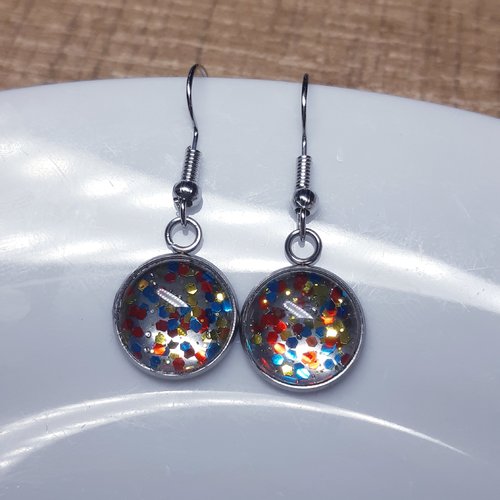 Boucles d'oreilles cabochon de verre en résine à paillettes rouge bleu or et argent - acier inoxydable