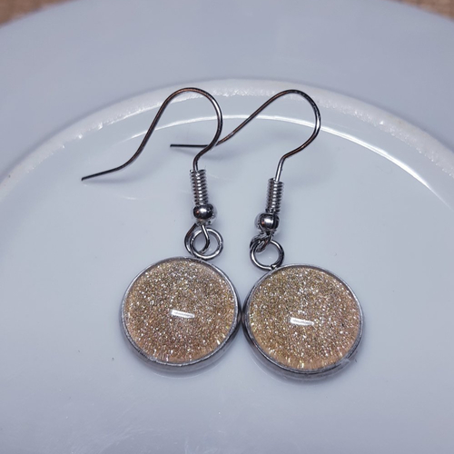 Boucles d'oreilles cabochon de verre jaune doré à paillettes et argent - acier inoxydable