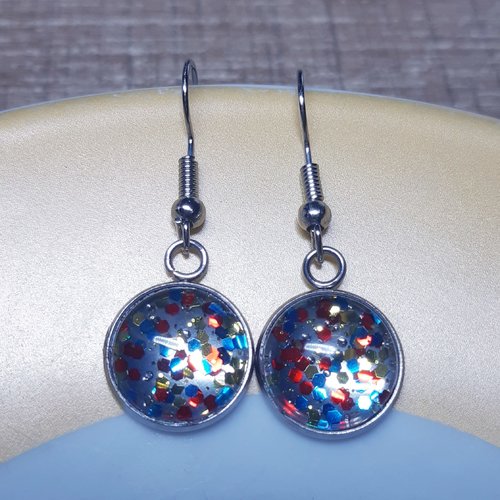 Boucles d'oreilles cabochon de verre en résine à paillettes rouge bleu or et argent