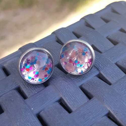 Boucles d'oreilles cabochon de verre en résine à paillettes rose poudré bleu mauve rouge et puces argent