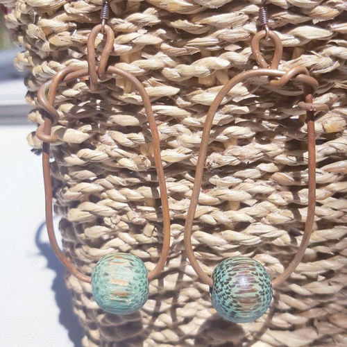 Boucles d'oreilles perle coco vert et créole en cuivre vieilli - acier inoxydable