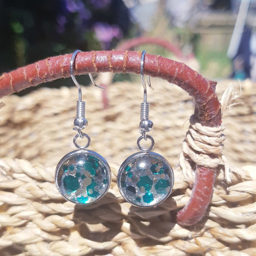 Boucles d'oreilles cabochon de verre en résine à paillettes turquoise doré et argent - acier inoxydable